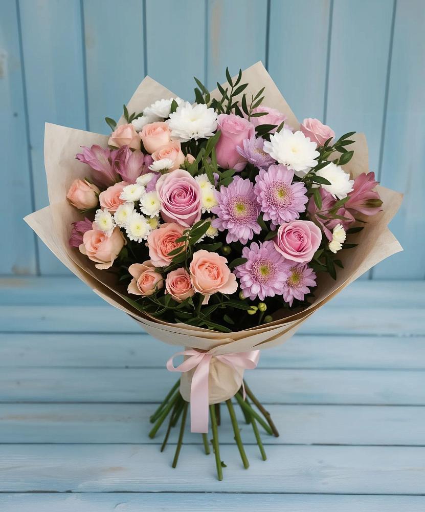Букет цветов из: Хризантемы, Розы и Альстромерии в Посёлке Свободы