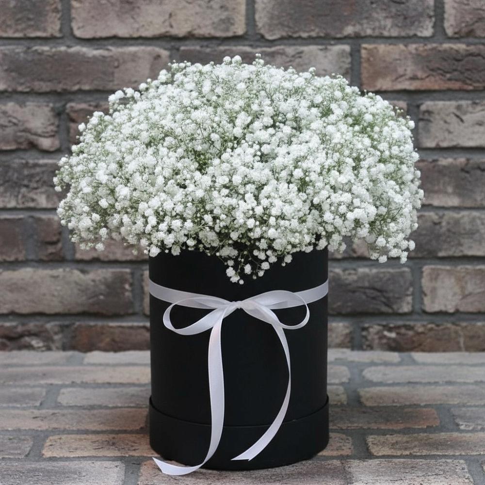 Цветочная композиция из Гипсофила в шляпной коробке в Посёлке Свободы