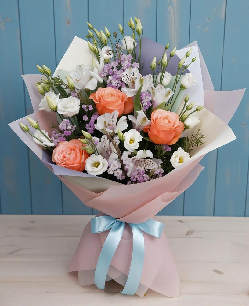 Букет цветов из: Лизиантусы, Розы, Альстромерии и Гипсофила в Посёлке Свободы